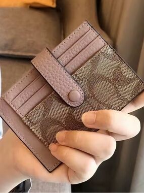 Target Compact Card Case in Mauve and Brown Signature Canvas